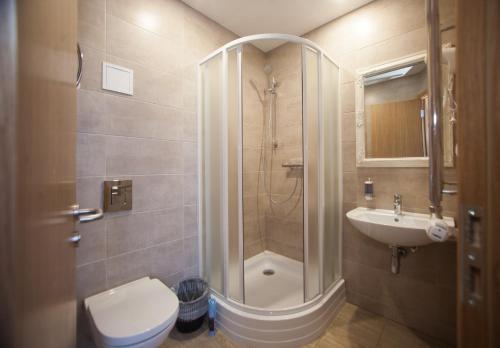 a bathroom with a shower and a toilet and a sink at Biplan Hotel in Daugavpils