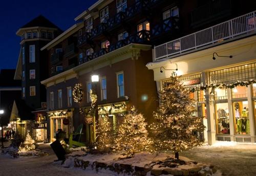 a christmas tree in front of a building at night at Seneca - Snowshoe in Snowshoe