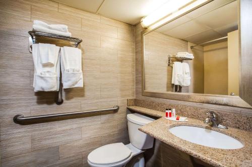 een badkamer met een toilet, een wastafel en een spiegel bij Howard Johnson by Wyndham North Plainfield in North Plainfield