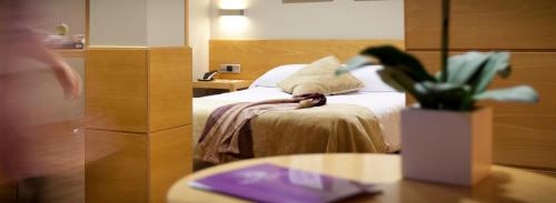 una camera d'albergo con letto e tavolo con una pianta in vaso di Victoria 4 Puerta del Sol a Madrid