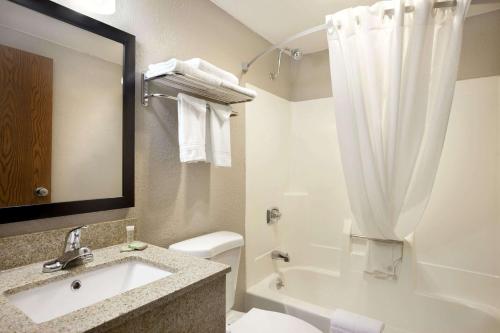 a bathroom with a sink and a toilet and a shower at Super 8 by Wyndham Tuscola in Tuscola