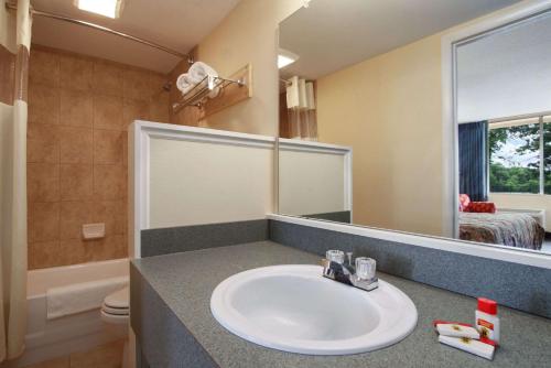a bathroom with a sink and a toilet and a mirror at Super 8 by Wyndham Dover in Dover