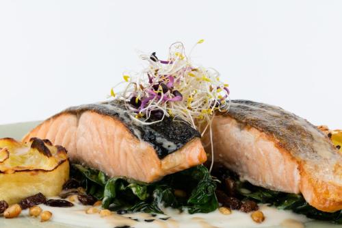 a plate of food with a piece of salmon with greens at Myseahouse Flamingo - Adults Only 4* Sup in Playa de Palma