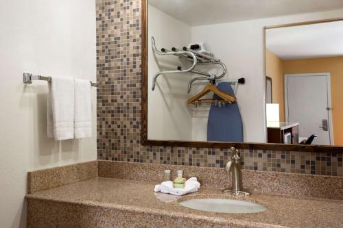 a bathroom with a sink and a mirror at Super 8 by Wyndham Austin Downtown/Capitol Area in Austin