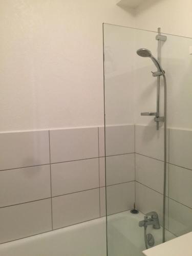 une douche avec une porte vitrée à côté d'un lavabo dans l'établissement Studio Bord de Plage des Bas Sablons Saint Malo, à Saint-Malo