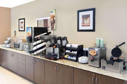 a kitchen counter with a coffee maker on it at Microtel Inn & Suites by Wyndham Ozark in Ozark