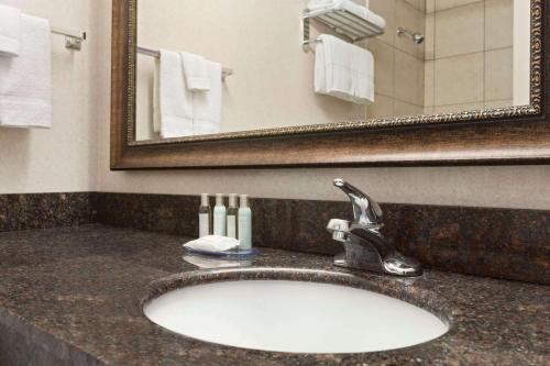 a bathroom with a sink and a mirror at Travelodge by Wyndham Meadow Lake in Meadow Lake