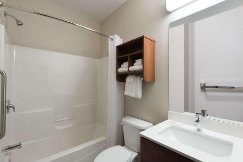 a bathroom with a sink and a toilet and a shower at Microtel Inn & Suites Windham in North Windham