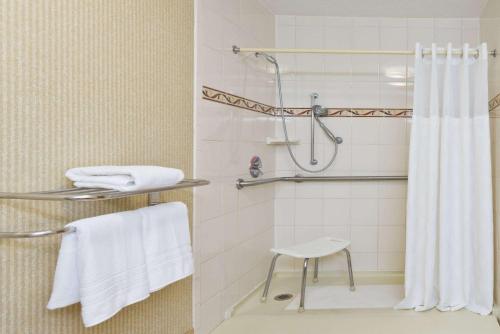 a bathroom with a shower and a stool in it at Super 8 by Wyndham Huntersville/Charlotte Area in Huntersville