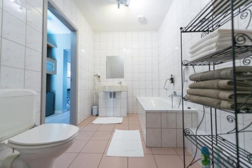een witte badkamer met een toilet en een wastafel bij Auberge de la Lesse in Celles