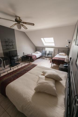 a bedroom with two beds and a ceiling fan at Auberge de la Lesse in Celles