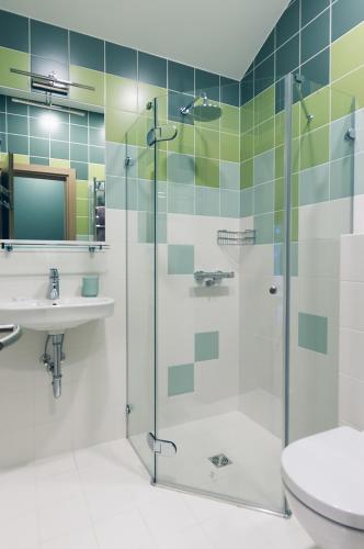 a bathroom with a glass shower and a sink at Žvėrinčiaus vila in Birštonas