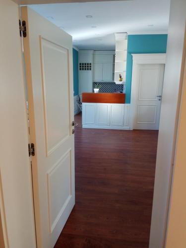 an open door to a kitchen with blue walls at Olive Tree in Tirana