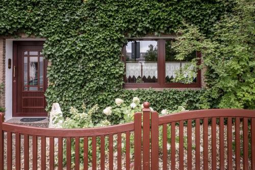 a wooden bench in front of a ivy covered building at freundliches Appartment nahe Messe Düsseldorf in Willich