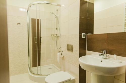 a bathroom with a shower and a sink and a toilet at Centrum Promocji Leśnictwa w Mucznem in Lutowiska