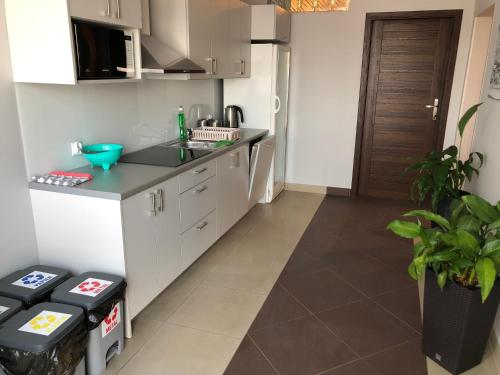 a kitchen with a sink and a counter top at Noclegi Mikołów in Mikołów