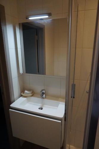 a bathroom sink with a mirror and a shower at Hotel Asiris in Bruges