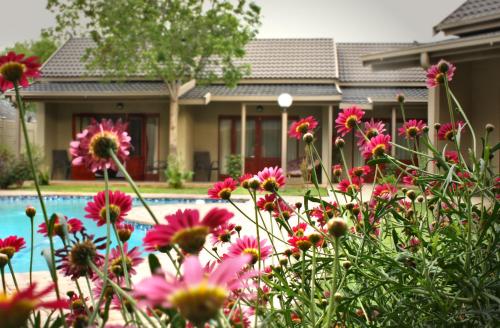 a bunch of flowers in front of a house at Mondior Manor Guest House in Kimberley