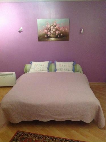 een slaapkamer met een groot bed met een paarse muur bij Saint Roch in Sablons