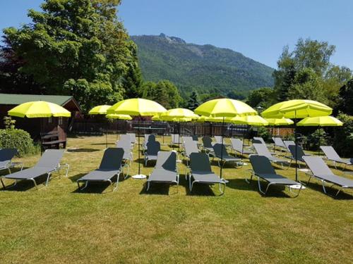 a bunch of lawn chairs and umbrellas in the grass at Hotel Försterhof lebe pur, genieße den Tag in St. Wolfgang