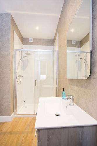 a bathroom with a sink and a shower at Crown Apartment in Inverness