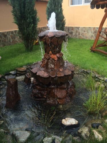 a bird bath in a yard with a fountain at Country house Egomer in Călugări