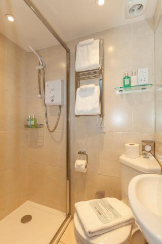 a bathroom with a shower and a toilet and a sink at Brightonwave in Brighton & Hove