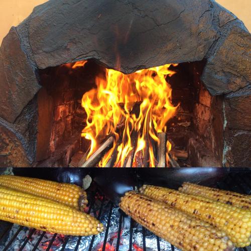 two images of corn on the grill in a fireplace at Country house Egomer in Călugări