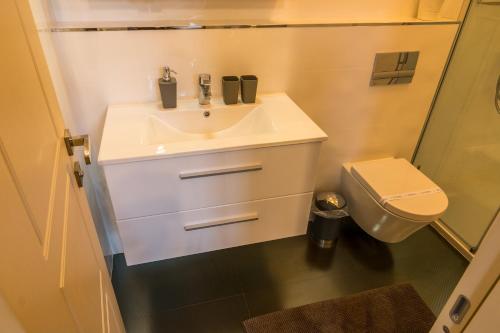 a small bathroom with a sink and a toilet at Dob Twenty Rooms in Budapest