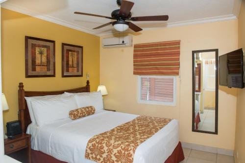 a bedroom with a bed and a ceiling fan at Yellow Bird Hotel in Christ Church