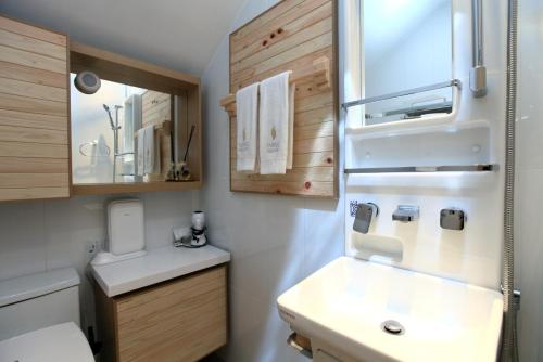 a small bathroom with a sink and a toilet at Farms Village in Jeju