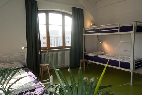 1 dormitorio con litera y ventana en Steffis Hostel Heidelberg, en Heidelberg