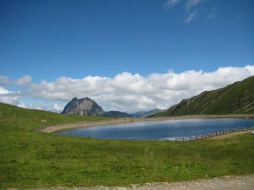 a lake in a field with a mountain in the background at Appartements Erwin & Eleonore Hüttl I in Neukirchen am Großvenediger