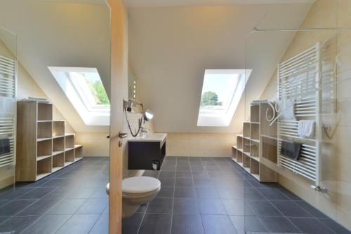 a bathroom with a toilet and two windows at Schade's Wohlfühlhotel in Selb