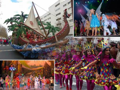 a collage of pictures of people in costumes and a parade at Playa Eucaliptos 1A in Isla Cristina