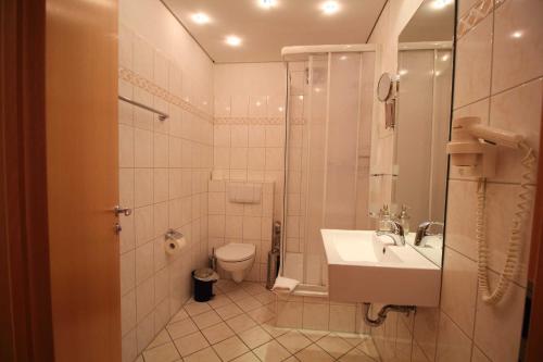 ザスニッツにあるFürstenhof Appartement 404のバスルーム(洗面台、トイレ、シャワー付)