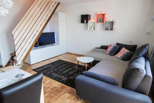- un salon avec un canapé et une télévision dans l'établissement Apartment Amazing View, à Bohinj