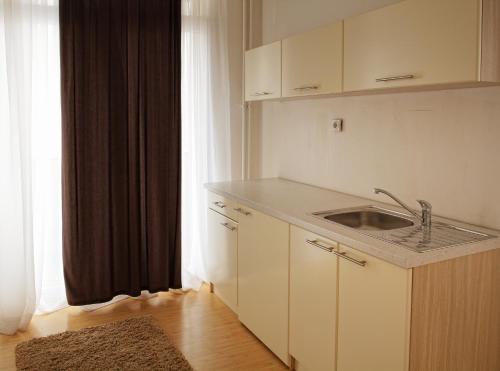 een witte keuken met een wastafel en een raam bij Garni Hotel Hamburg in Zaječar