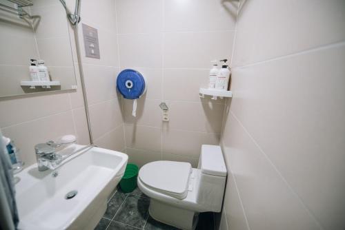 a small bathroom with a toilet and a sink at Daegu Midtown Hostel in Daegu