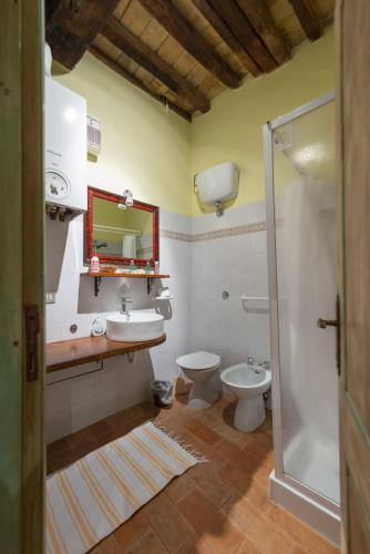 a bathroom with a sink and a toilet and a mirror at Appartamenti turistici Vicolo S. Chiara in Sassoferrato