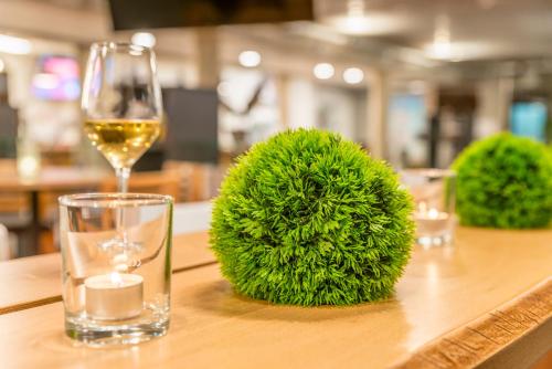 a glass of wine next to a green plant and a glass of wine at Hostel Art & Style in Singen