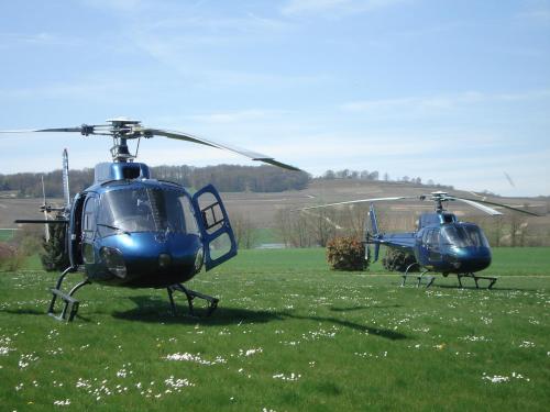 two helicopters parked in a field of grass at Briqueterie Champagne, A Beauvallon Hotel & Spa in Vinay
