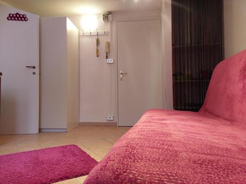 トリノにあるLa mansardinaのピンクベッドとドア付きのベッドルーム1室が備わります。