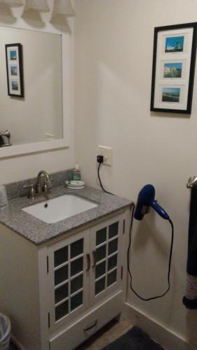 a bathroom with a sink and a blow dryer at 13 Hills Bed & Breakfast in South Acworth