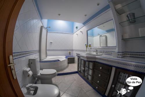 a bathroom with a toilet and a sink and a mirror at La Dama del Mar in Telde