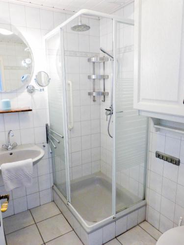 a bathroom with a shower and a sink at Hüs Sanskiin Ferienwohnung *Hopelfask* in Süddorf
