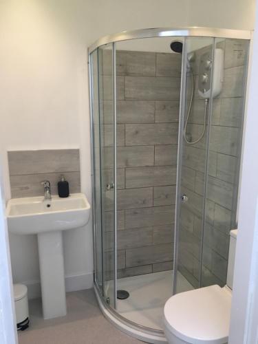 a bathroom with a shower and a toilet and a sink at The Doonleigh suite in Ayr