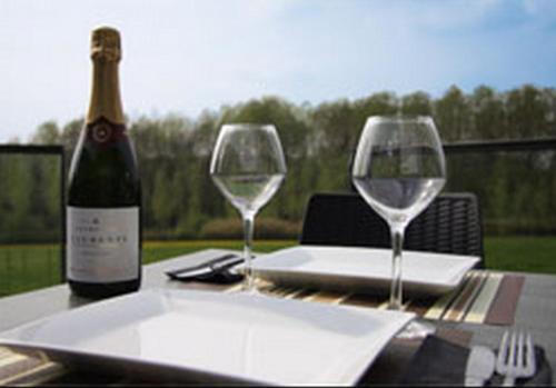 a table with two wine glasses and a bottle of wine at Logis Le Cadusia in Chaource