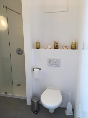 a white bathroom with a toilet and a shower at Appartement Thea in Middelkerke