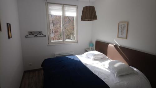 ケゼルスベールにあるKAYSERSBERG -Alsace- APPARTEMENTS -CENTRE HISTORIQUEのベッドルーム1室(青い毛布、窓付)